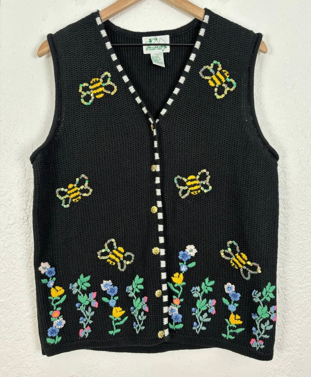 The Quacker Factory Knit Bee Floral Embroidered Sweater Vest Cottagecore Small